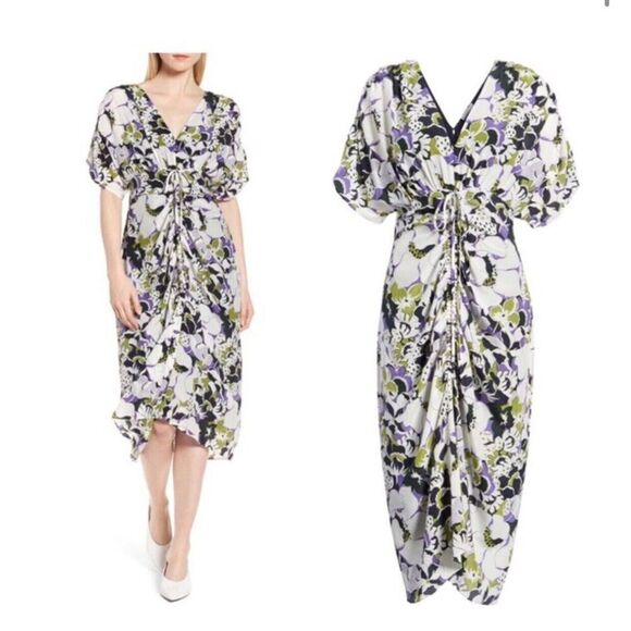 Lewit Silk Midi Ruched Dress Womens 6 Purple Floral‎ V Neck Short Sleeve Sheath - Picture 2 of 14